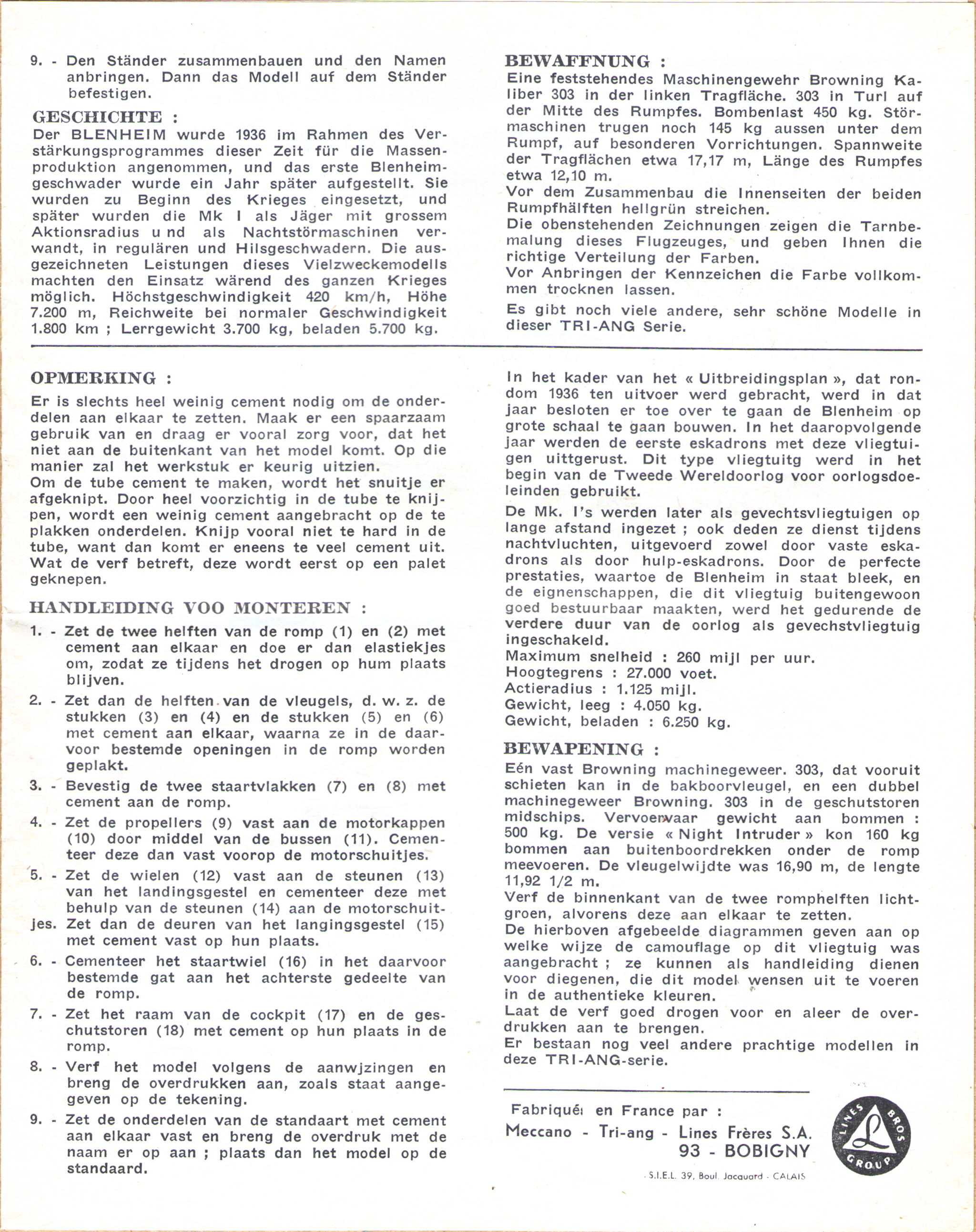 FROG 395P Bristol Blenheim I, International Model Aircraft ltd, 1959 instructions